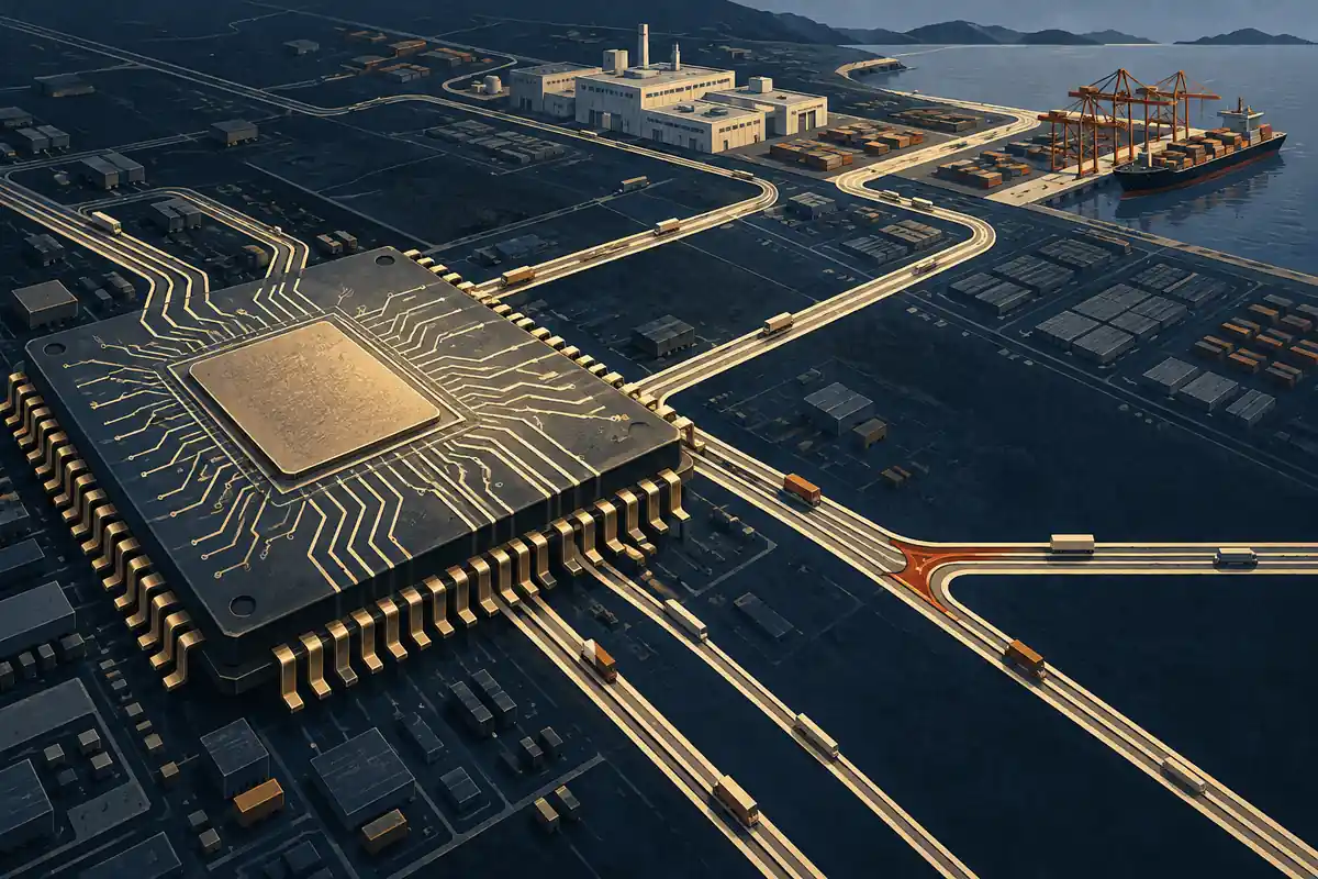 Un circuito collega un semiconduttore, una fabbrica e un porto