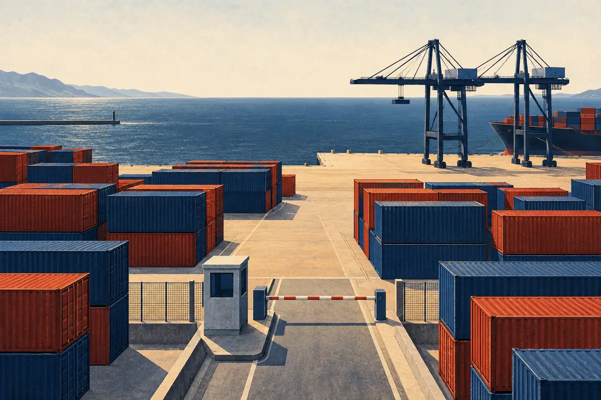 Container, gru e una barriera in un porto immaginario